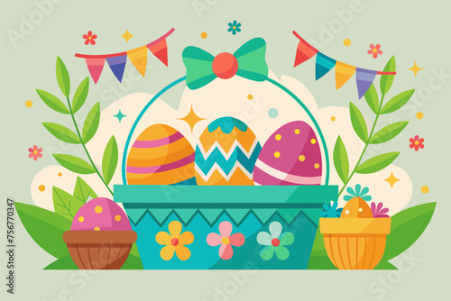 Basket with Easter eggs: vector illustration

