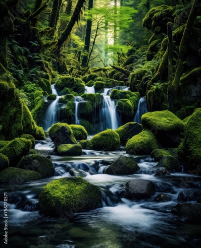 a stream running through a lush green forest filled with lush green moss covered rocks and a waterfall surrounded by lush green trees.