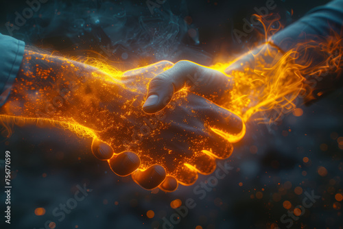 A powerful handshake with energy waves radiating from the point of contact, symbolizing the strength and impact of a solid agreement. Concept of impactful agreements. Generative Ai.