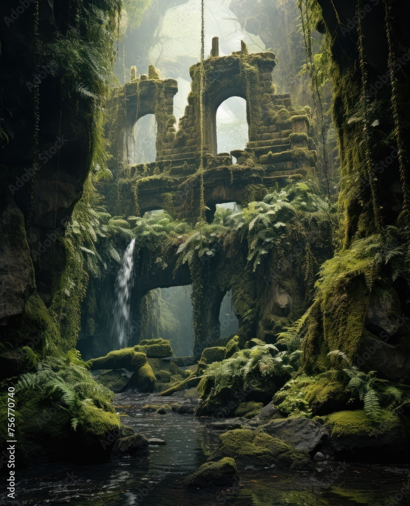a river running through a lush green forest filled with lots of moss covered rocks and a stone structure with a waterfall coming out of it.