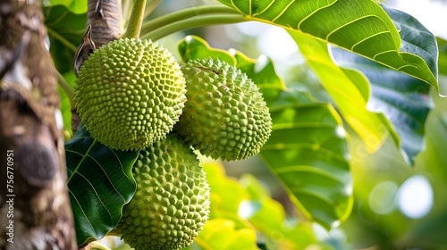 Breadfruit on breadfruit tree with green leaves in the garden. 