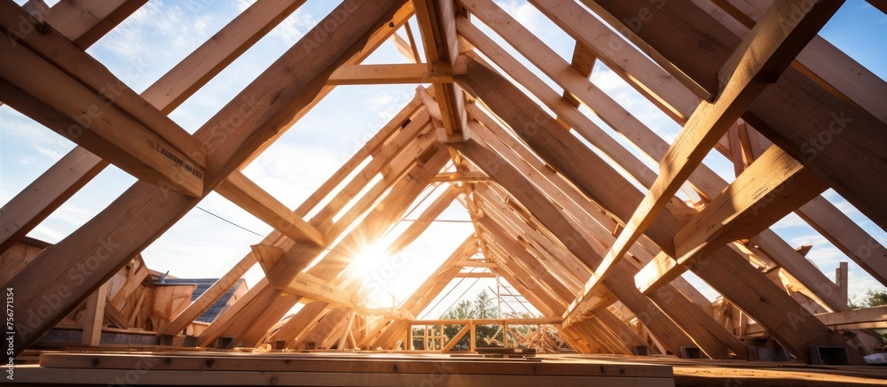 Installing the roof of a house reveals wooden rafters. Installing the roof of a house reveals wooden rafters.