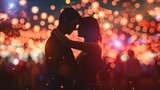 A couple dancing in the moonlight at an outdoor music festival, surrounded by glowing fairy lights.