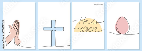 Easter one continuous line religious vertical banners set with colorful silhouettes. Praying hands, Christian cross, He is risen quote and Easter egg isolated on white background with copy space