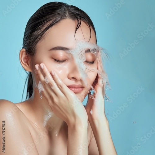 Asian woman washing her face with clean water. On a flat color background generative ai art