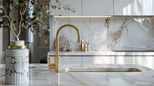 natural light to illuminate the kitchen space, highlighting the luxurious elements such as the marble countertops and gold faucet to create a warm and inviting atmosphere.