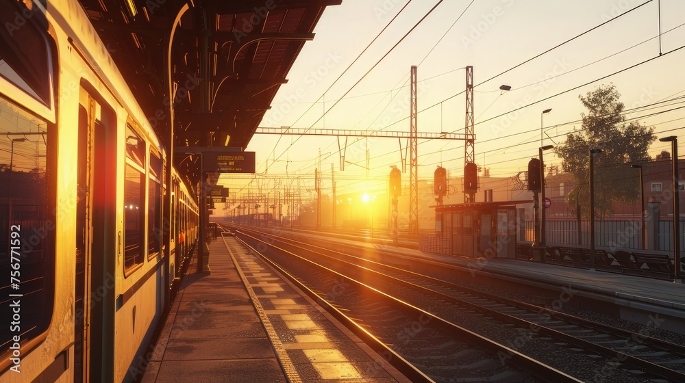 Naklejka premium of the warm, golden light of the sunset to illuminate the scene, enhancing the colors and textures of the train and railway platform.