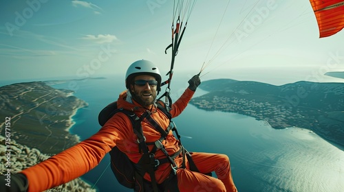 close-up shots that highlight the paragliding equipment and facial expressions, adding depth and authenticity to the image