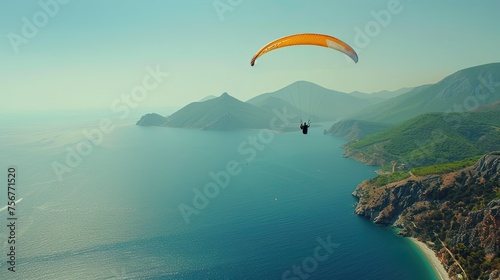 the paraglider against the backdrop of the sea with blue water and mountains, showcasing the beauty and vastness of the landscape © Светлана Канунникова