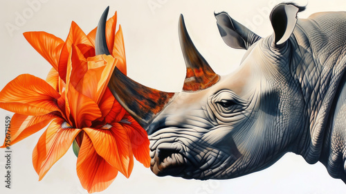 a painting of a rhino with a flower in it's antelope's antelope is in the foreground. photo