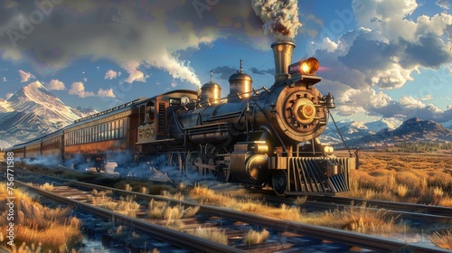 the train in a way that emphasizes its speed and power, utilizing leading lines and perspective to draw the viewer's eye towards the focal point.