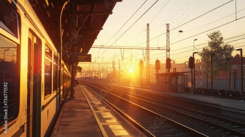 of the warm, golden light of the sunset to illuminate the scene, enhancing the colors and textures of the train and railway platform.