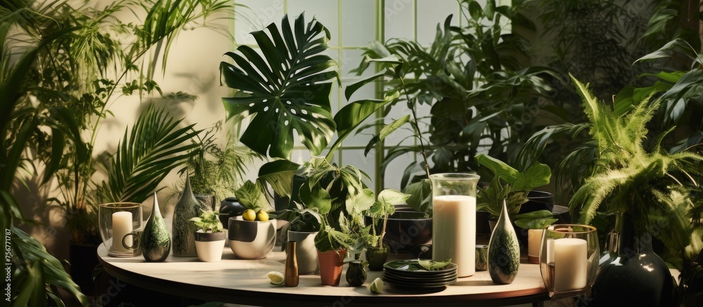 Stylish Dinnerware and Lush Indoor Plants