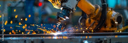 Panoramic banner of automated industrial robot arm welding with sparks in manufacturing factory