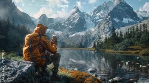 natural movements and expressions from the hiker, such as drinking the hot beverage, to convey a sense of realism and immersion in the outdoor environment.