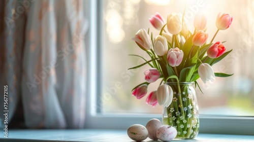 A serene bouquet of tulips and speckled eggs on a windowsill, bathed in soft sunlight. #756772105