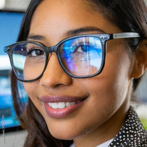 Closeup vom Gesicht einer Frau mit Brille; in den Brillengläsern spiegeln sich Computerbildschirme