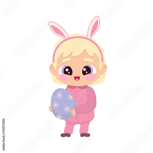 Cute little child with bunny ears holding easter egg on white background
