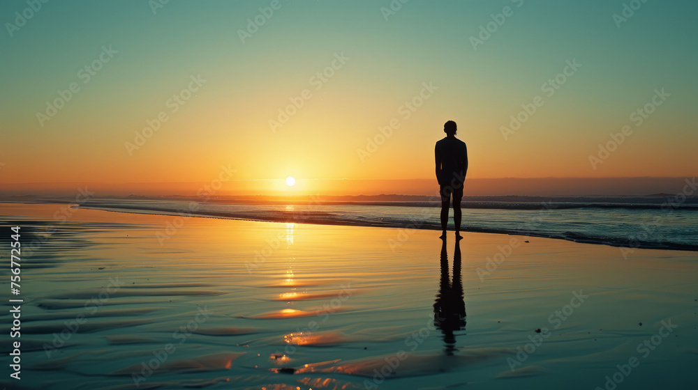 Beyond the Horizon: A silhouette of a person standing on a beach, gazing out towards the distant horizon where the sun is rising, signifying the endless possibilities and aspirations. Generative AI