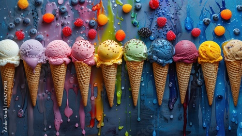 a row of ice cream cones sitting next to each other on top of a blue wall covered in colorful drops of paint.