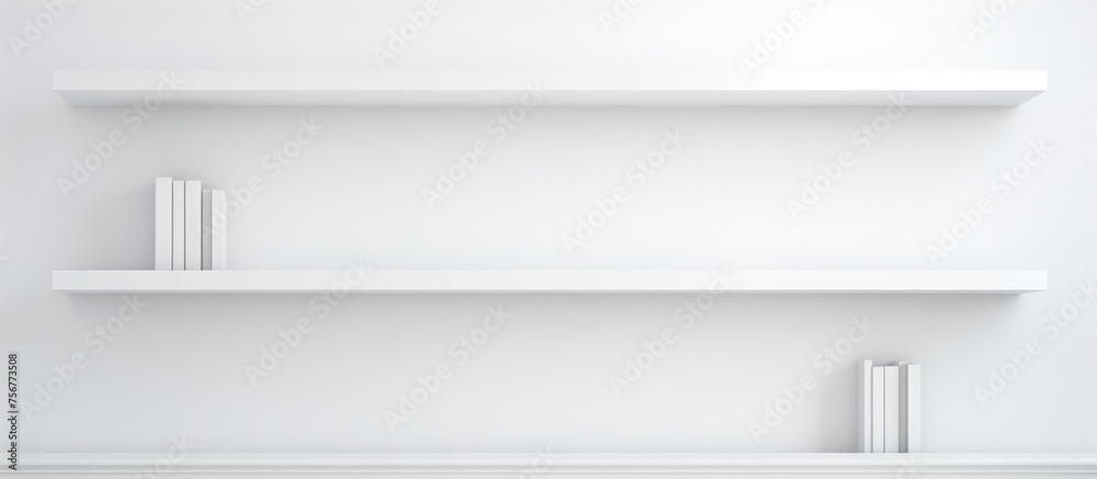 Three rectangular grey shelves with monochrome books on a white wall. The shelves are made of metal, creating a sleek and modern look in the monochrome photography Three rectangular grey shelves with monochrome books on a white wall. The shelves are made of metal, creating a sleek and modern look in the monochrome photography
