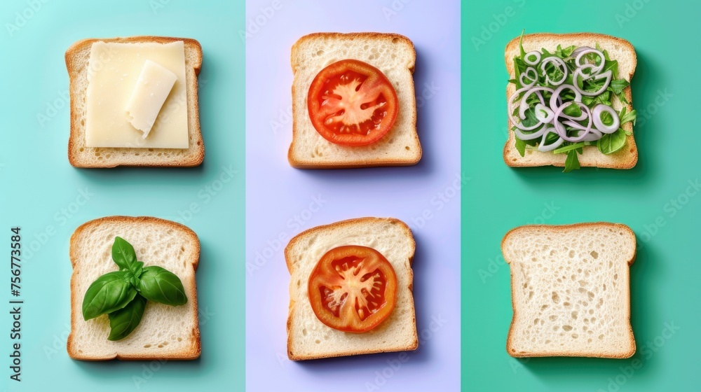 four slices of bread with cheese, tomato, onion and lettuce on them on a blue and green background.
