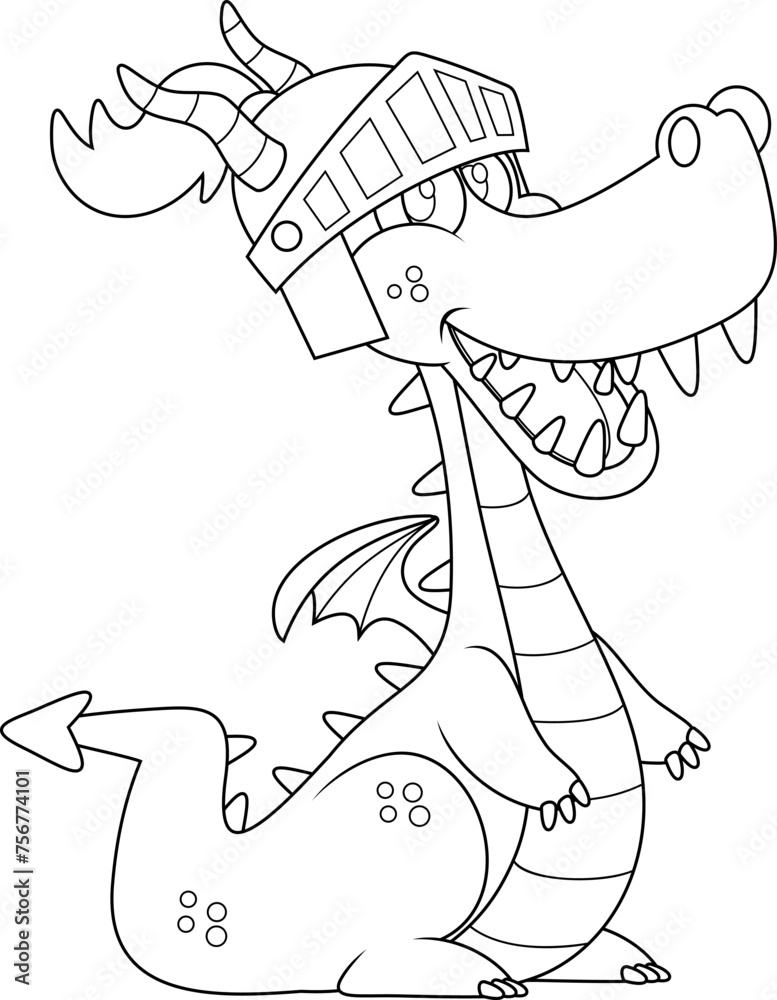 Outlined Cute Dragon Cartoon Character With Knight Helmet. Vector Hand Drawn Illustration Isolated On Transparent Background