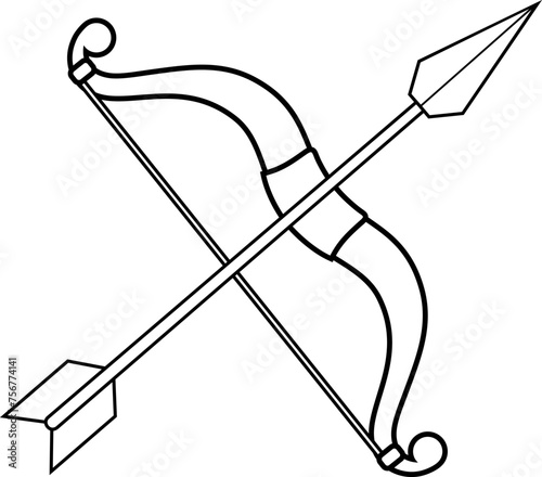 Outlined Cartoon Knight Bow And Arrow Weapon. Vector Hand Drawn Illustration Isolated On Transparent Background