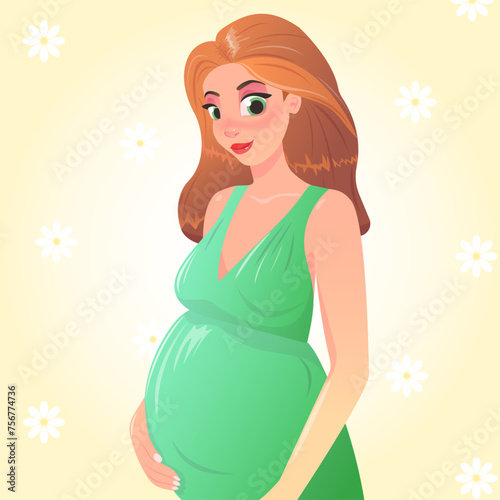 Vector image of a pregnant woman with red hair in a green dress