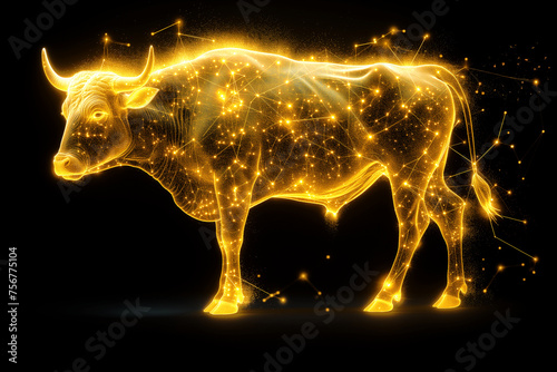 Silhouette bull transparent shining golden on a black background. The zodiac sign taurus . Ai generative..