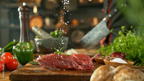Raw Beef Steak Served on Wooden Cutting Board.