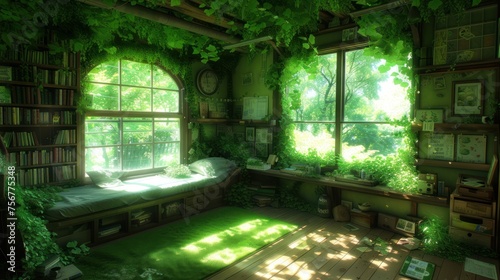 a room with a bed, bookshelf, window, and a lot of greenery on the walls. photo