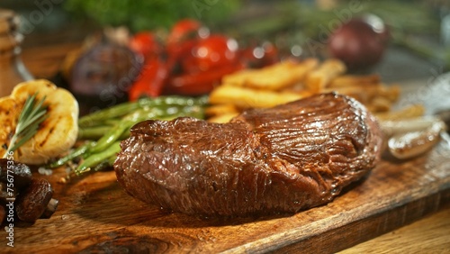 Beef Steak Ready for Eating, Served on Wooden Table.