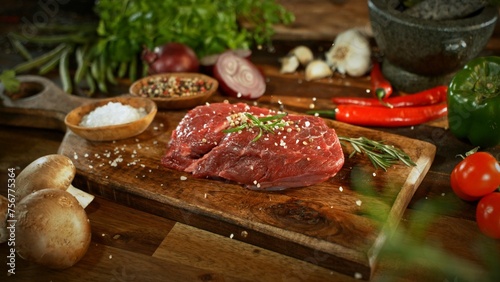 Raw Beef Steak Served on Wooden Cutting Board. © Jag_cz