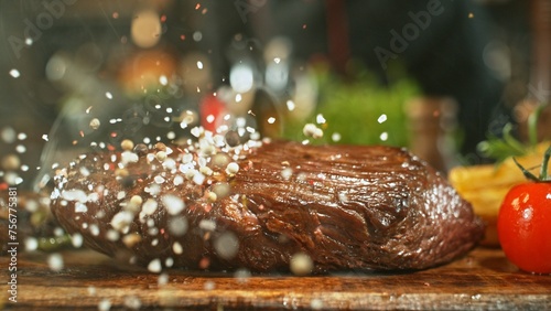 Beef Steak with Grain Salt Falling. © Jag_cz