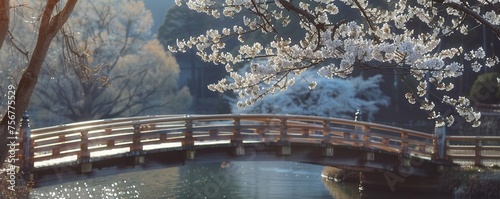 bridge between cherry blossoms photo