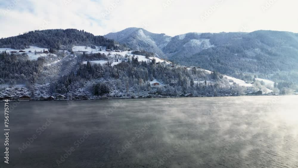 Drone Flight Toward Misty Lakes And Snowy Mountains Drone Flight Toward Misty Lakes And Snowy Mountains