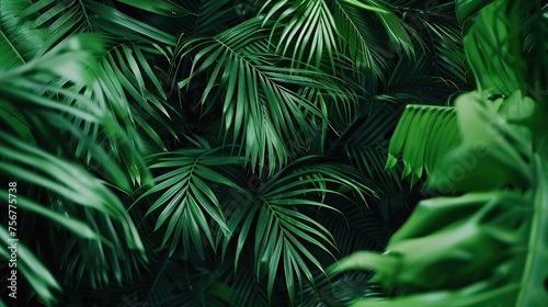 Background of green palm tree leaves in tropical forest