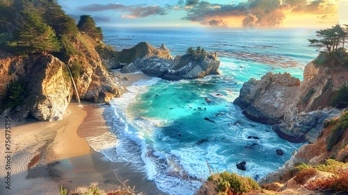 Idyllic Coastal Scenes: Capture the beauty of sandy beaches with turquoise waters, rocky coastlines with crashing waves, or tranquil coves with colorful sunsets. Generative AI