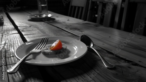 a white plate topped with a piece of cake on top of a wooden table next to a fork and knife. photo