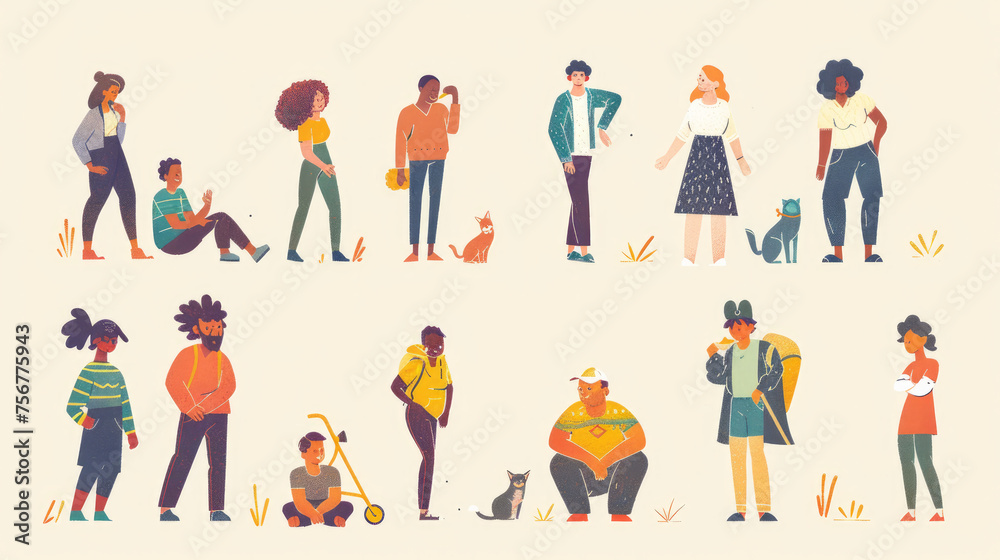 Inclusive Representation: A series of images featuring people of all ages, genders, abilities, and body types engaged in various activities, promoting inclusivity. Generative AI