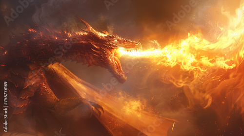 Mythical and Fiery Dragon Spitting Fire and Flames While Flying in the Sky Fantasy Illustration