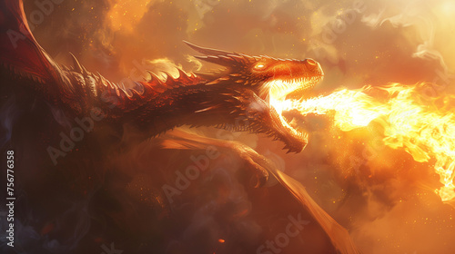 Mythical and Fiery Dragon Spitting Fire and Flames While Flying in the Sky Fantasy Illustration