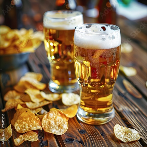 two glasses filled with beer and potato chips on a wooden cafe table