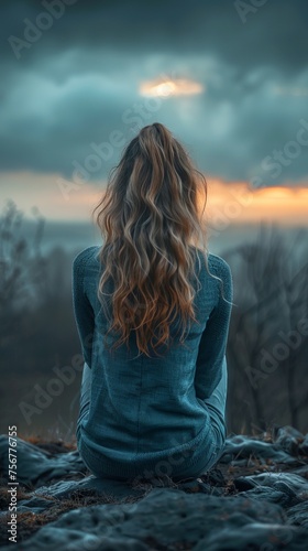 Fashion photo of a young girl with her back turned to the camera sitting on rocks and looking up at the trees