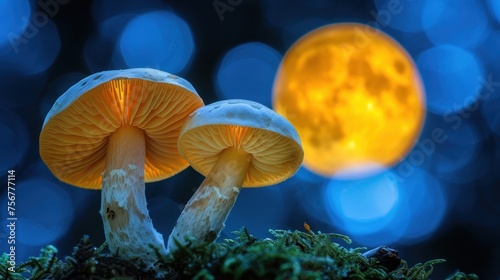 a close up of two mushrooms on a mossy surface with a full moon in the sky in the background.
