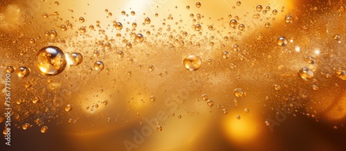 A closeup of bubbles in a glass of amber liquid, resembling tints and shades of orange and gold. The intricate pattern captured through macro photography highlights the wood texture