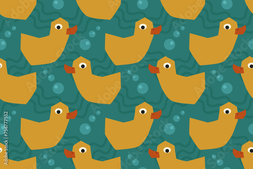 Cartoon yellow funny bathing, swimming duck bird. Seamless vector pattern for design and decoration.
