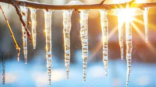 a group of icicles hanging from a tree next to a body of water with the sun in the background.