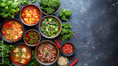 Chinese hotpot with broth, meat, vegetables in bowls, top view, traditional food, national dish, Asian cuisine, China, greens, plates, delicious